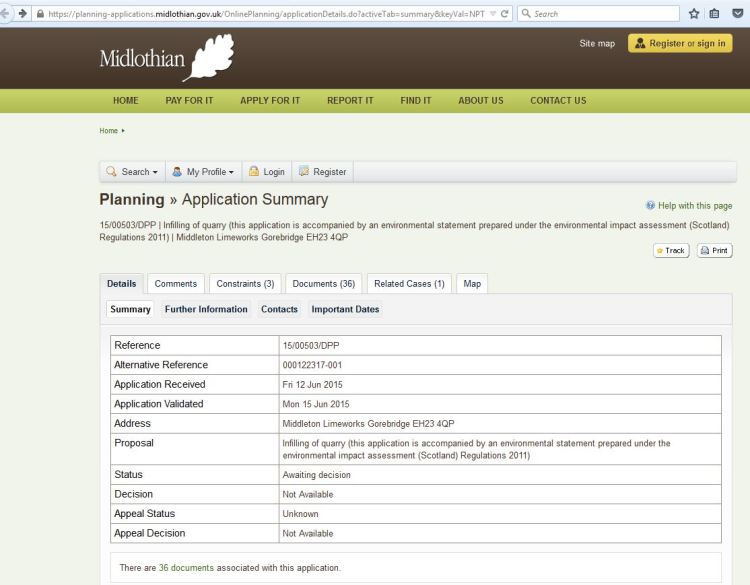 Middleton Quarry planning application on website
